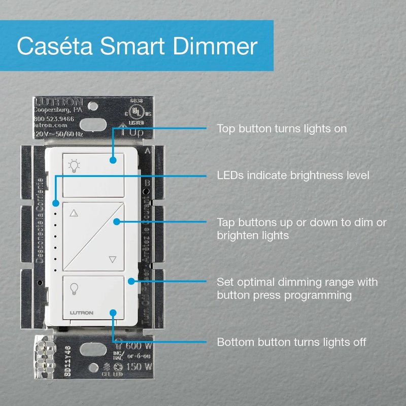 Thumbnail 3 for Lutron PD-6WCL-BL Caseta Original Smart Dimmer Switch, 150W LED, No Neutral Required, 120V, Black