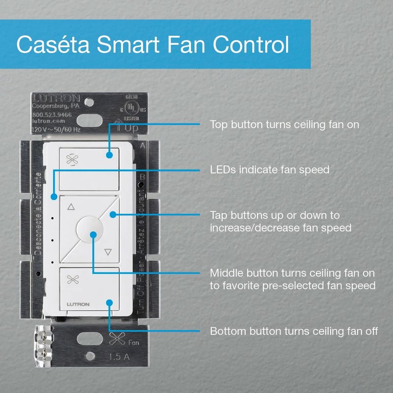 Thumbnail 3 for Lutron PD-FSQN-LA Caseta Original Smart Fan Speed Control Switch, 4-Speed, 1.5A Fan, Neutral Required, 120V, Light Almond