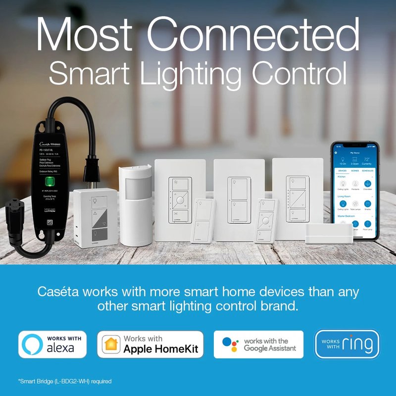 Thumbnail 2 for Lutron P-DIM-3WAY-WH Caseta Original Smart Dimmer 3-Way Kit with Remote, 150W LED+ Dimmer, 3-Button Pico, Wall Mount Bracket, Claro Wall Plate, White