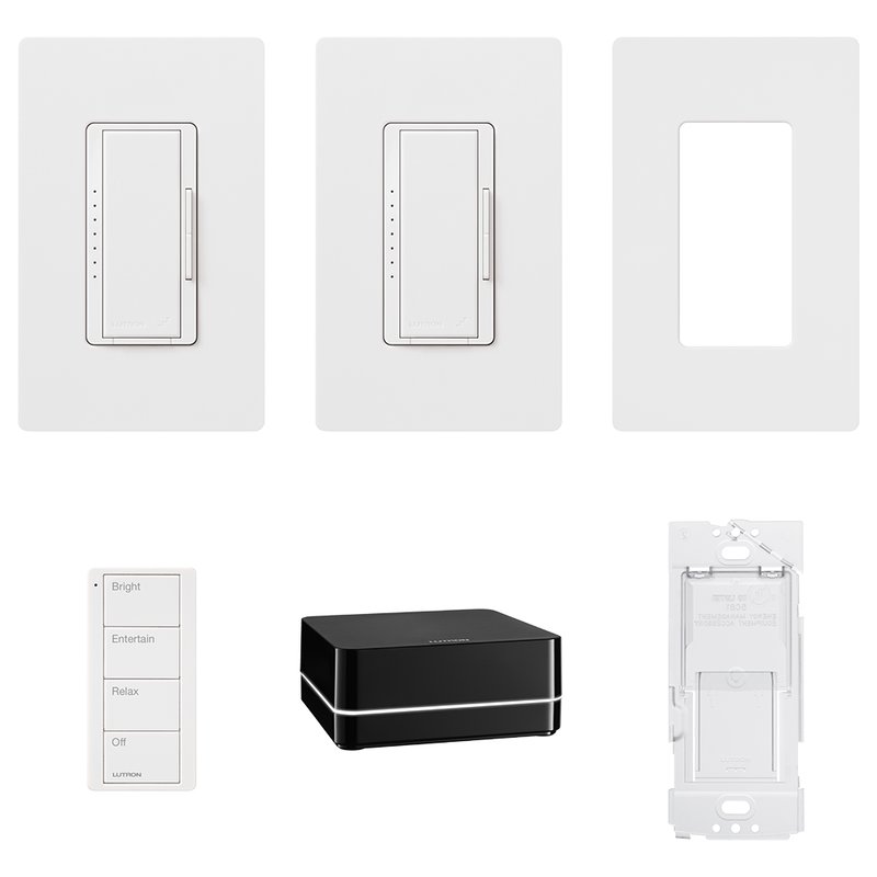Lutron RR-SEL-KIT-1 RA2 Select Starter Kit, contains (2) RRD-6ND-WH, (1) PJ2-4B-GWH-P03, (1) PICO-WBX-ADAPT, (3) CW-1-WH, (1) RR-SEL-REP2-BL. RR-REL-KIT-1