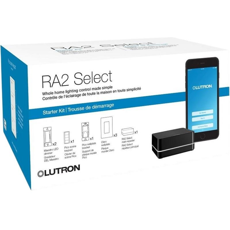 Lutron RR-SEL-KIT-PRO RA2 Select PRO Starter Kit contains (2) RRD-PRO-WH, (1) PJ2-4B-GWH-P03, (1) PICO-WBX-ADAPT, (3) CW-1-WH, (1) RR-SEL-REP2-BL