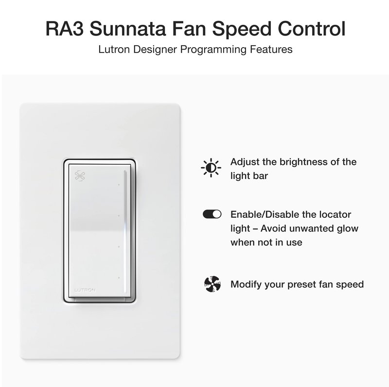 Thumbnail 4 for Lutron RRST-ANF-BI RadioRA 3 Sunnata Touch Fan Control, 4-Speed, 1.5A Paddle Fan, AC Motor, Single Pole, Neutral Required, 120V, Biscuit