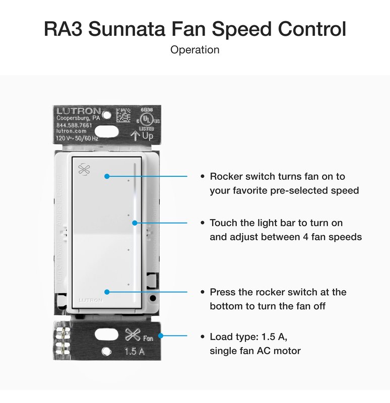 Thumbnail 3 for Lutron RRST-ANF-PB RadioRA 3 Sunnata Touch Fan Control, 4-Speed, 1.5A Paddle Fan, AC Motor, Single Pole, Neutral Required, 120V, Pebble