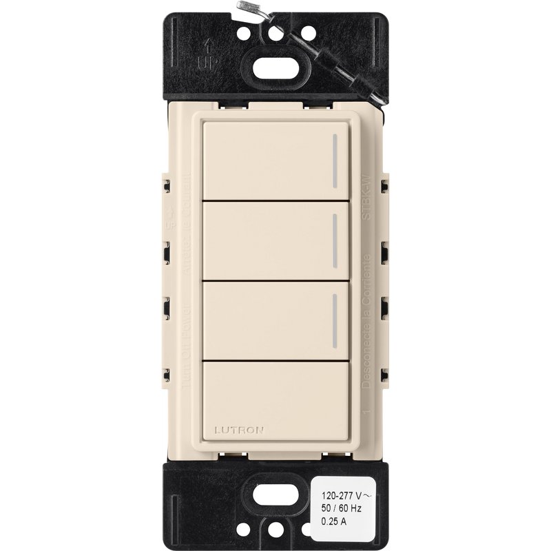 Lutron RRST-HN3RL-LA Sunnata RF 3-Button with Raise / Lower Hybrid Keypad for RA3 Systems, 150W LED, Neutral Required, Single Pole, 120V, Light Almond
