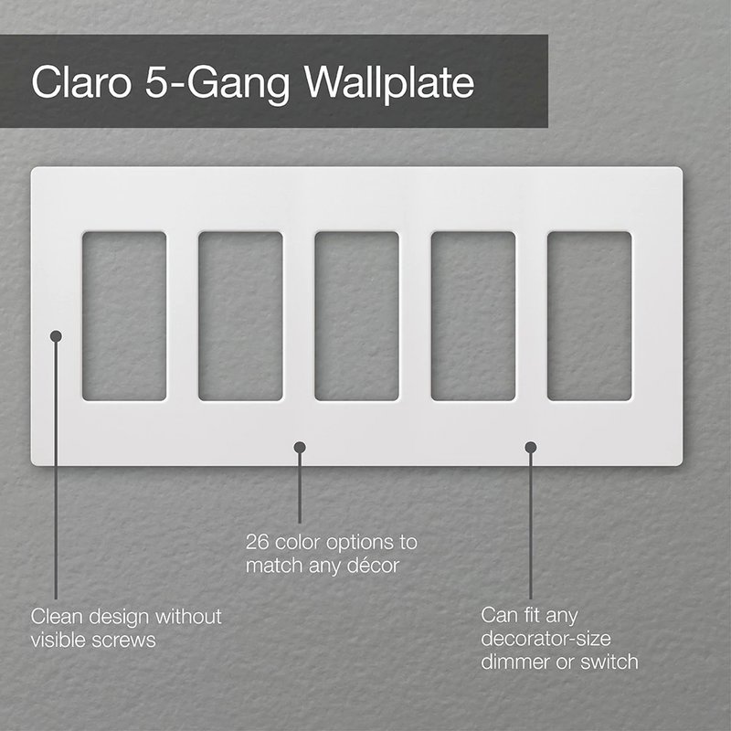 Thumbnail 3 for Lutron SC-5-BW Claro 5 Gang Wall Plate for Decorator-Style Dimmers, Switches, and Outlets, Satin Finish, Brilliant White
