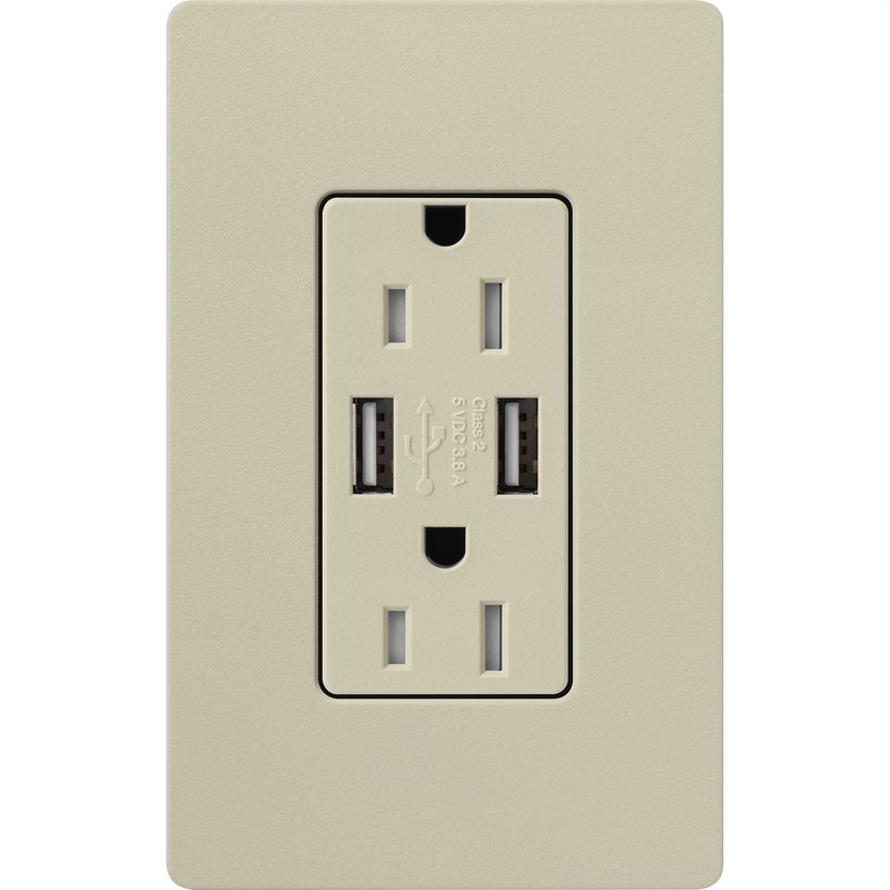 Thumbnail 2 for Lutron SCR-15-UBTR-CY Claro 15A Tamper Resistant USB-A Duplex Receptacle, Decorator-Style Outlet, Self-Testing, Satin Finish, Clay