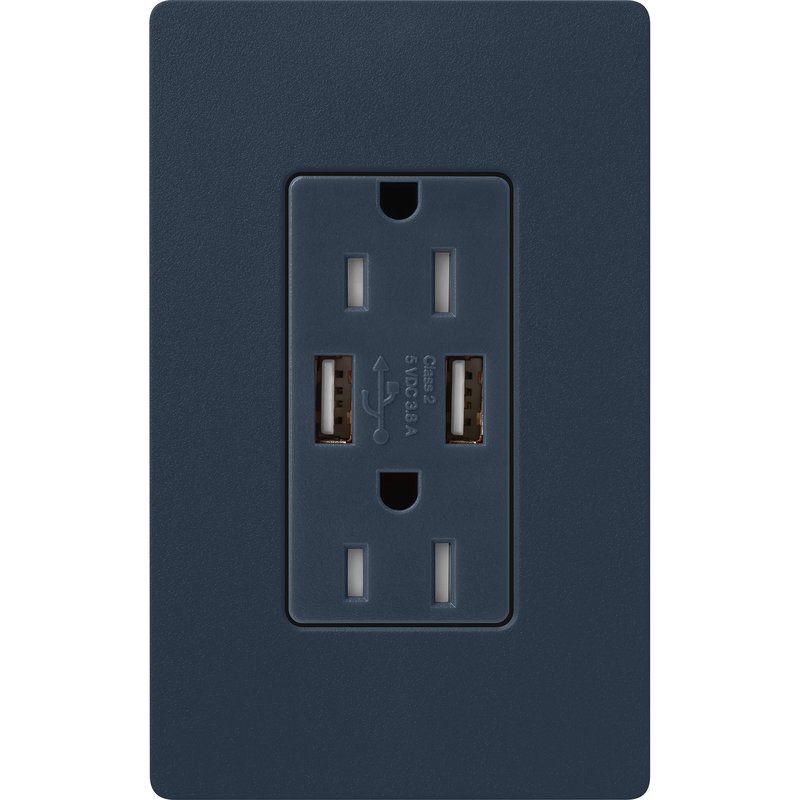 Thumbnail 2 for Lutron SCR-15-UBTR-DE Claro 15A Tamper Resistant USB-A Duplex Receptacle, Decorator-Style Outlet, Self-Testing, Satin Finish, Deep Sea