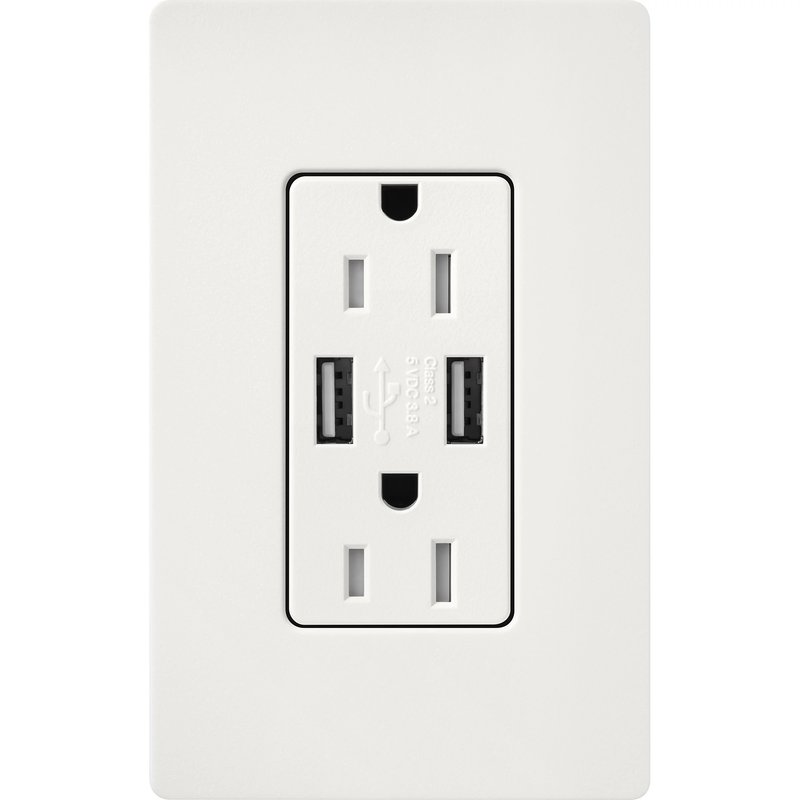 Thumbnail 2 for Lutron SCR-15-UBTR-RW Claro 15A Tamper Resistant USB-A Duplex Receptacle, Decorator-Style Outlet, Self-Testing, Satin Finish, Architectural White