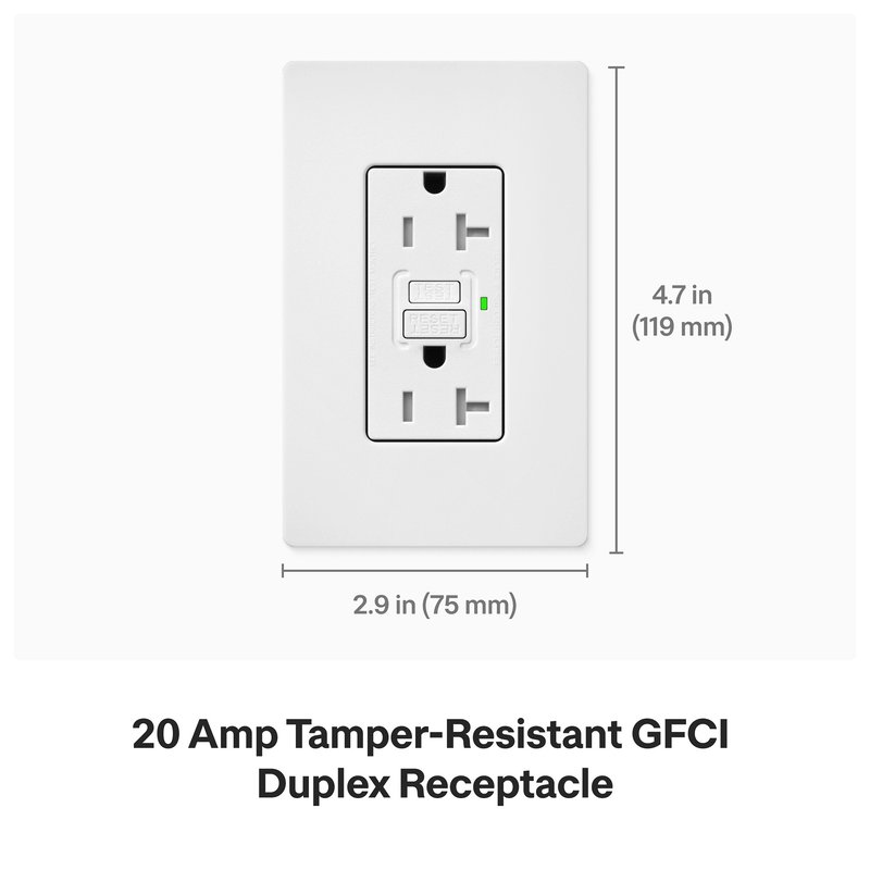 Thumbnail 4 for Lutron SCR-20-GFST-RW Claro 20A Tamper Resistant GFCI Duplex Receptacle, Decorator-Style Outlet, Self-Testing, Satin Finish, Architectural White