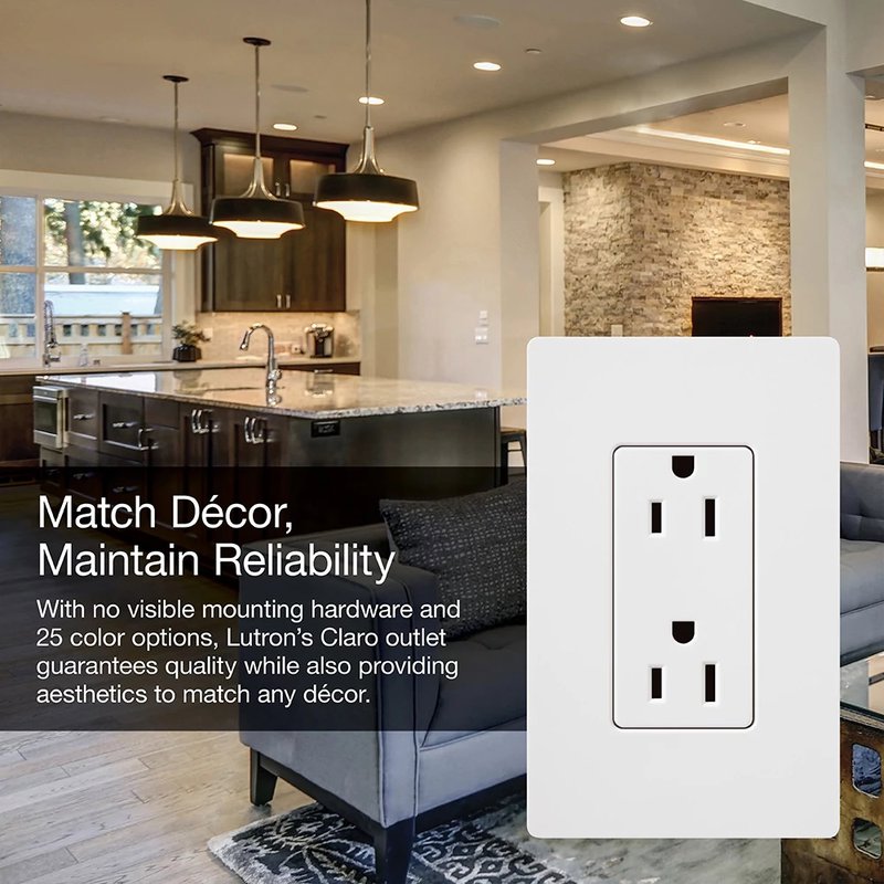 Thumbnail 4 for Lutron SCRS-20-TR-RW Claro 20A Tamper-Resistant Duplex Receptacle, Decorator-Style Outlet, Satin Finish, Architectural White