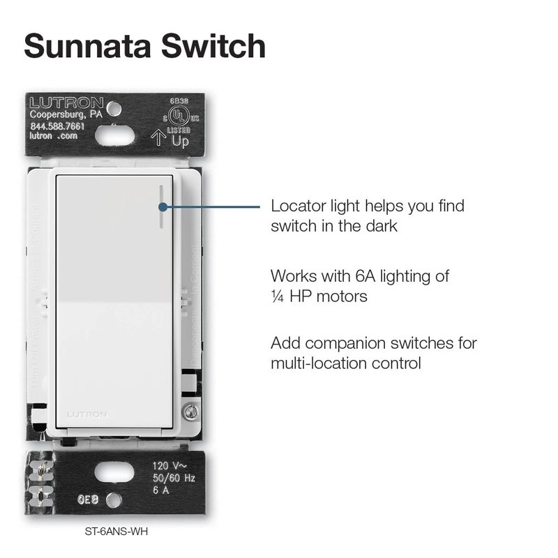 Thumbnail 4 for Lutron ST-6ANS-PM Sunnata On / Off Switch, 6A Lighting or 3A 1 / 10HP Motor, Single Pole / Multi-Location, Pumice