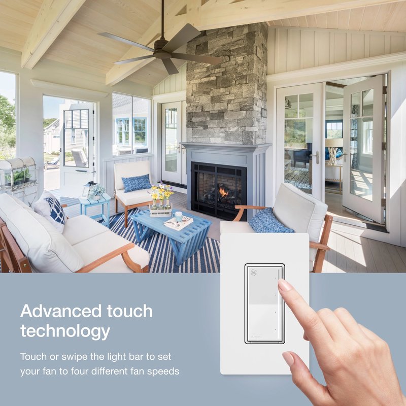 Thumbnail 5 for Lutron ST-FSQ-N-WH Sunnata Touch Fan Control, 4-Speed, 1.5A Paddle Fan, AC Motor, Single Pole, Neutral Required, 120V, White