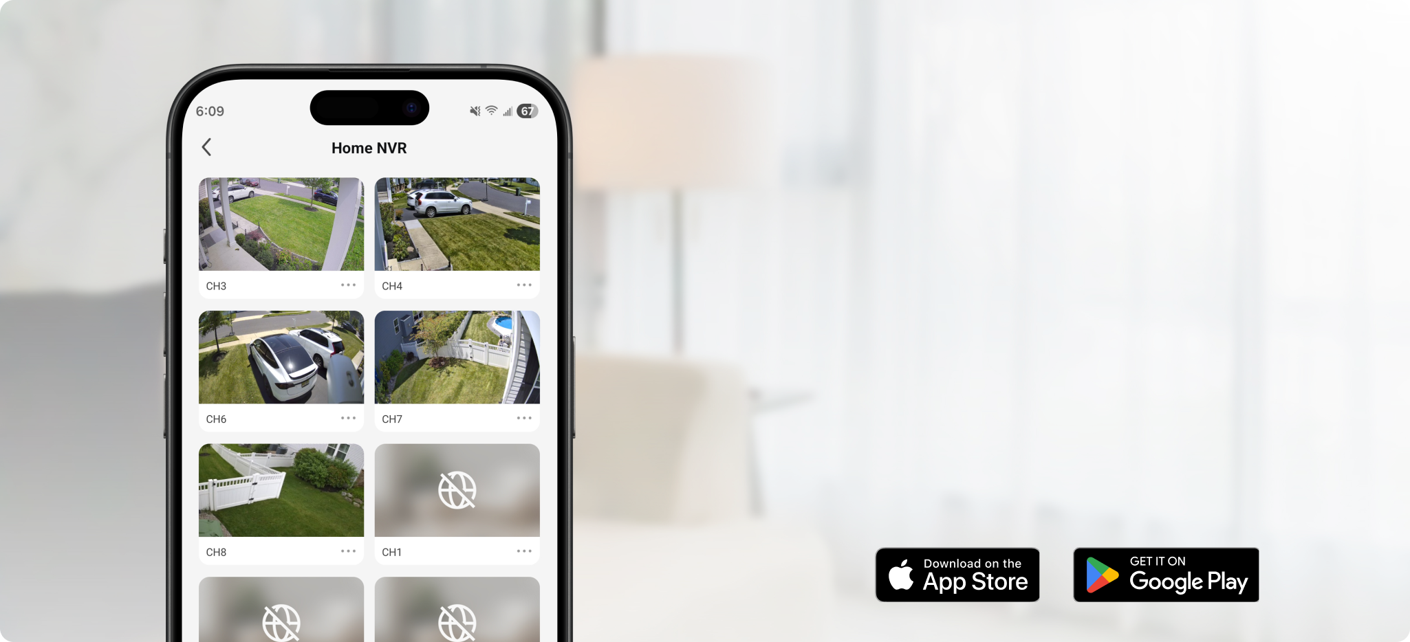 ClareVision Pro app showing a multi-camera Home NVR view